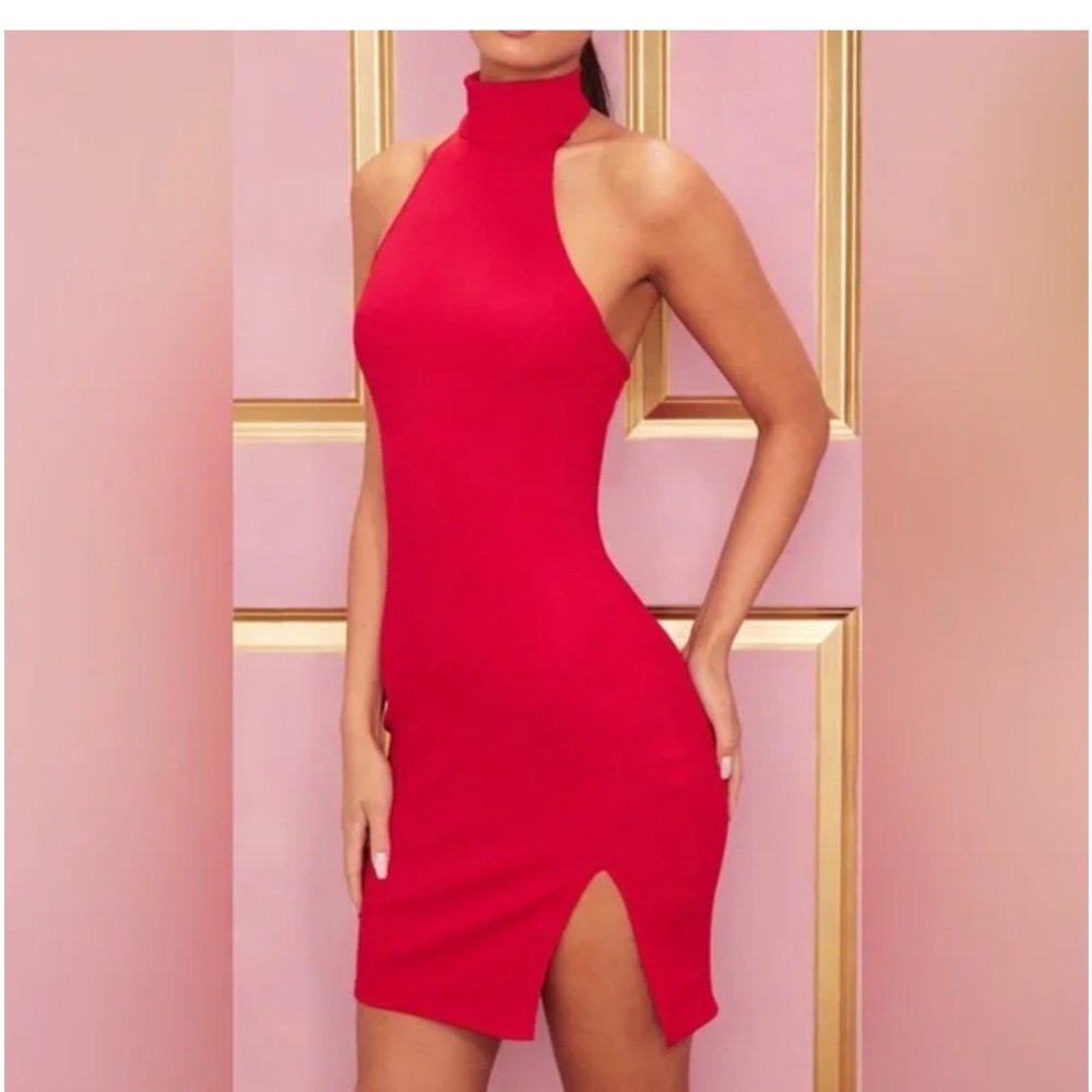 RED Ribbed High Neck Split Detail Bodycon Dress - Picture 3 of 10